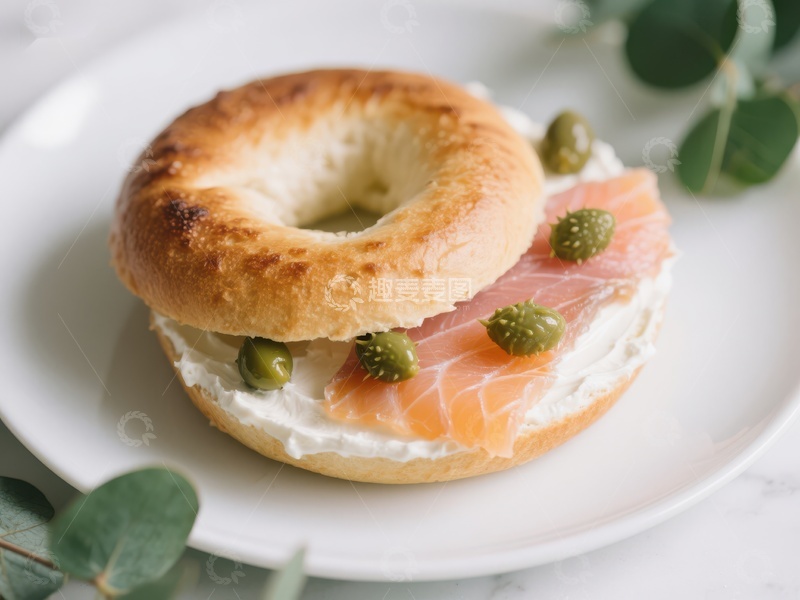 高清大图下载【趣麦麦图】烟熏三文鱼贝果配奶油芝士