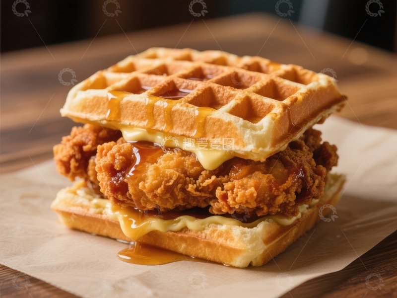 高清大图下载【趣麦麦图】酥脆炸鸡配松饼三明治