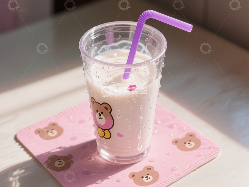 高清大图下载【趣麦麦图】粉色杯垫上的牛奶饮品