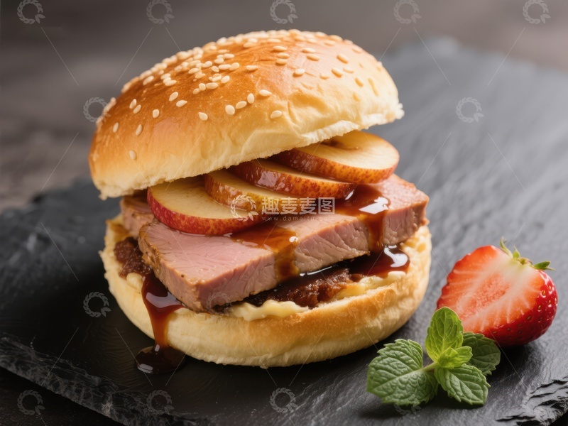 高清大图下载【趣麦麦图】苹果鸭胸汉堡配草莓薄荷