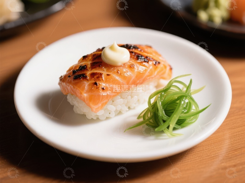 高清大图下载【趣麦麦图】烤三文鱼寿司配芥末酱