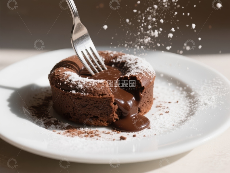 高清大图下载【趣麦麦图】巧克力熔岩蛋糕被叉子轻轻切开