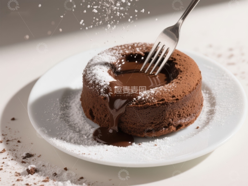 高清大图下载【趣麦麦图】巧克力熔岩蛋糕，叉子插入瞬间