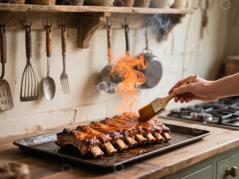 高清大图下载【趣麦麦图】烤制肋排，火焰舔舐肉香四溢