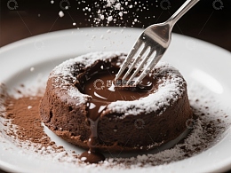 巧克力熔岩蛋糕被叉子轻轻插入