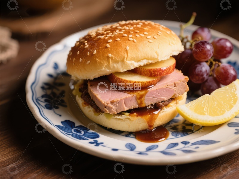 高清大图下载【趣麦麦图】美味汉堡配柠檬葡萄