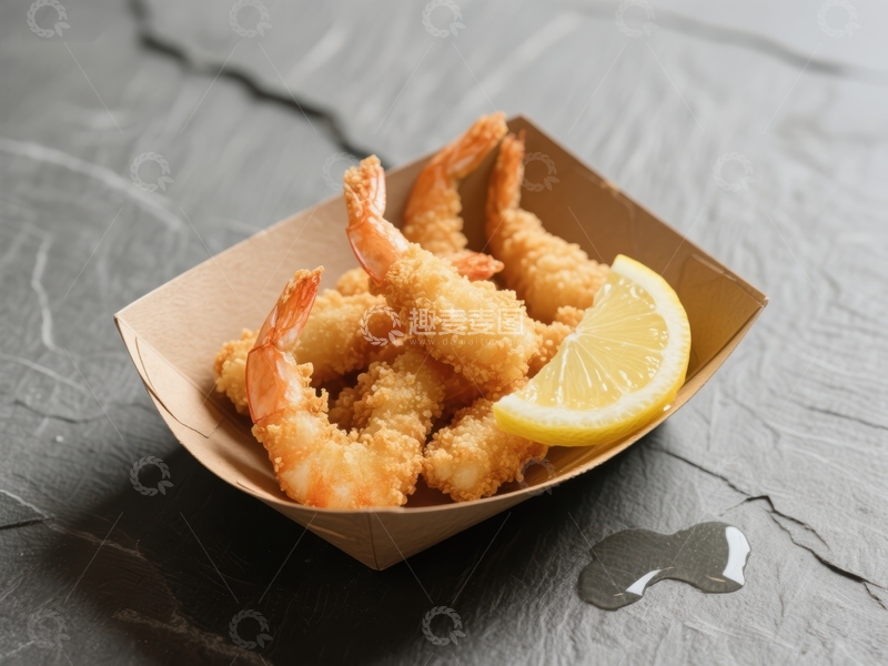 高清大图下载【趣麦麦图】金黄酥脆的炸虾配柠檬片