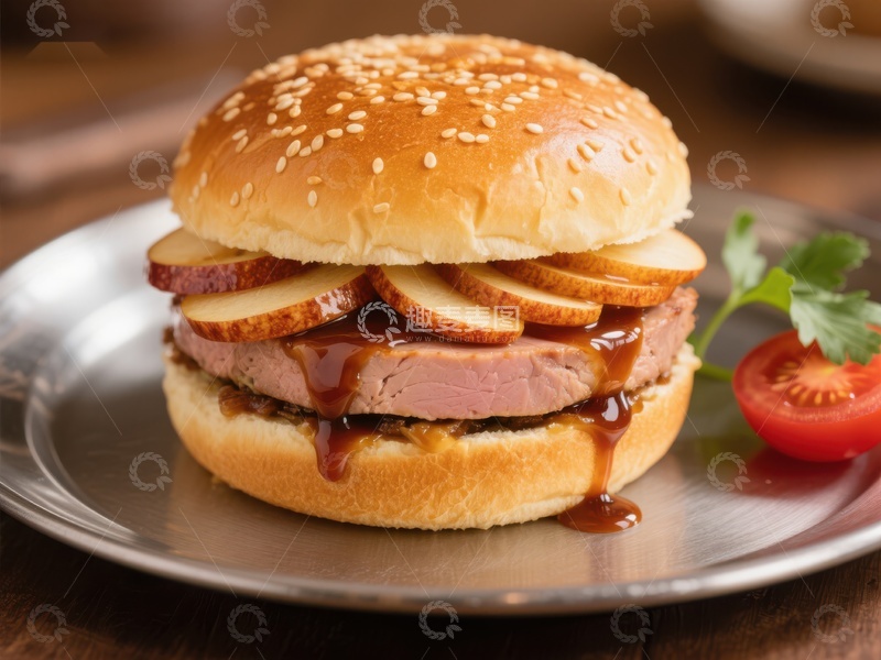 高清大图下载【趣麦麦图】美味牛肉汉堡配苹果片