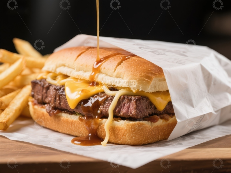 高清大图下载【趣麦麦图】芝士汉堡配薯条，酱汁淋漓