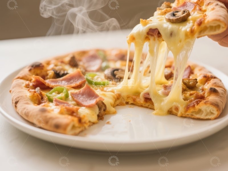 高清大图下载【趣麦麦图】热腾腾的披萨，拉丝奶酪诱人