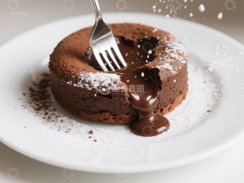 高清大图下载【趣麦麦图】巧克力熔岩蛋糕被叉子挖开