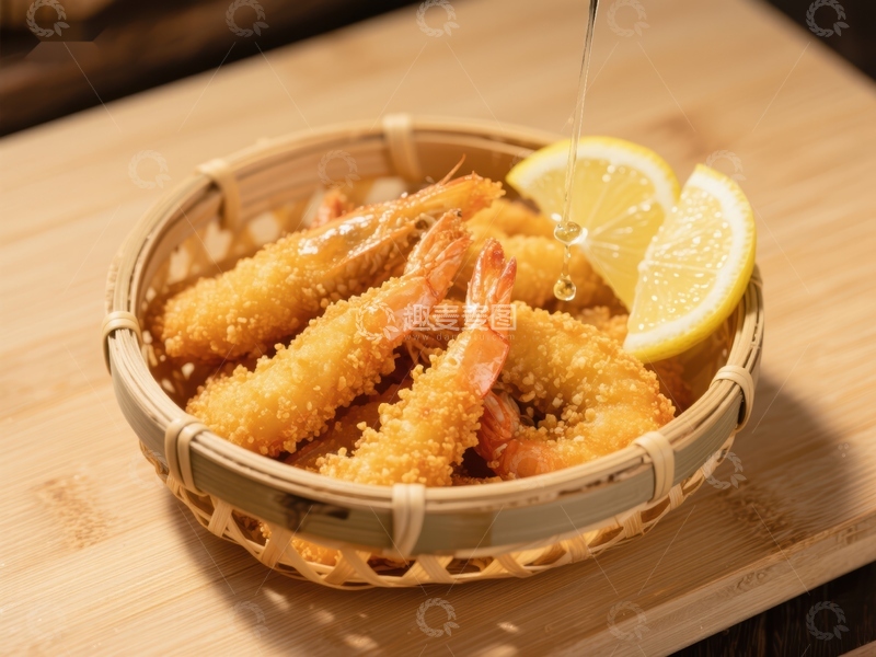 高清大图下载【趣麦麦图】金黄酥脆的炸虾配柠檬汁