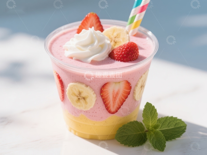 高清大图下载【趣麦麦图】草莓香蕉奶昔配奶油和薄荷