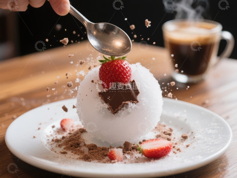 高清大图下载【趣麦麦图】勺子轻敲冰激凌，草莓巧克力点缀