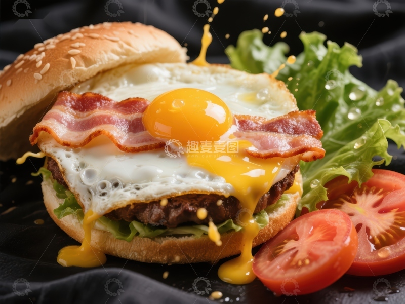高清大图下载【趣麦麦图】流心蛋培根汉堡特写