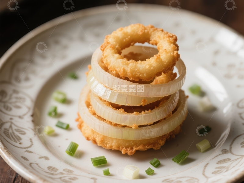 高清大图下载【趣麦麦图】金黄酥脆的洋葱圈叠放特写