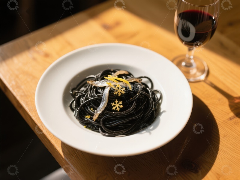 高清大图下载【趣麦麦图】黑墨鱼汁意面配红酒