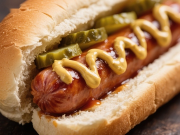 经典热狗配芥末和泡菜