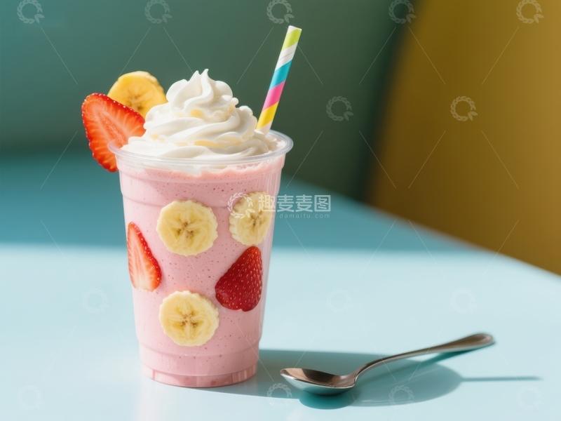 高清大图下载【趣麦麦图】草莓香蕉奶昔配奶油和水果装饰