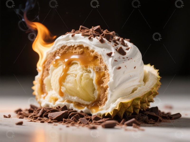 高清大图下载【趣麦麦图】火焰点缀的榴莲冰淇淋卷