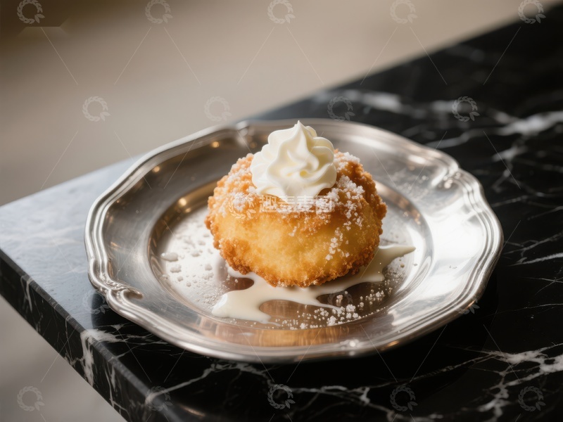 高清大图下载【趣麦麦图】金黄酥饼配奶油，置于银盘之上