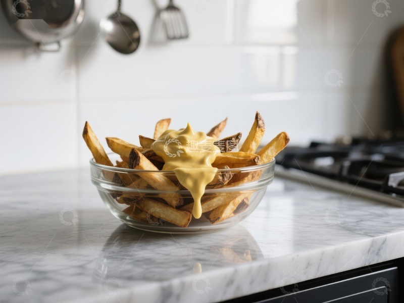 高清大图下载【趣麦麦图】薯条配酱料，厨房台面摆放