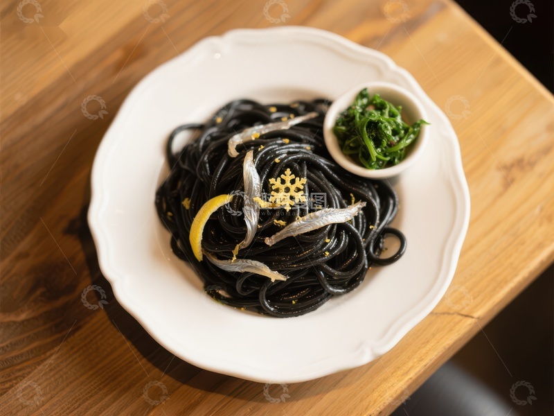 高清大图下载【趣麦麦图】黑墨鱼汁意面配银鱼和香草