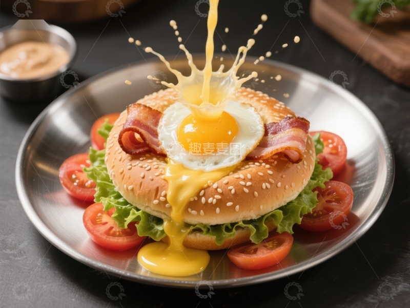 高清大图下载【趣麦麦图】-创意汉堡配煎蛋，蛋黄四溅