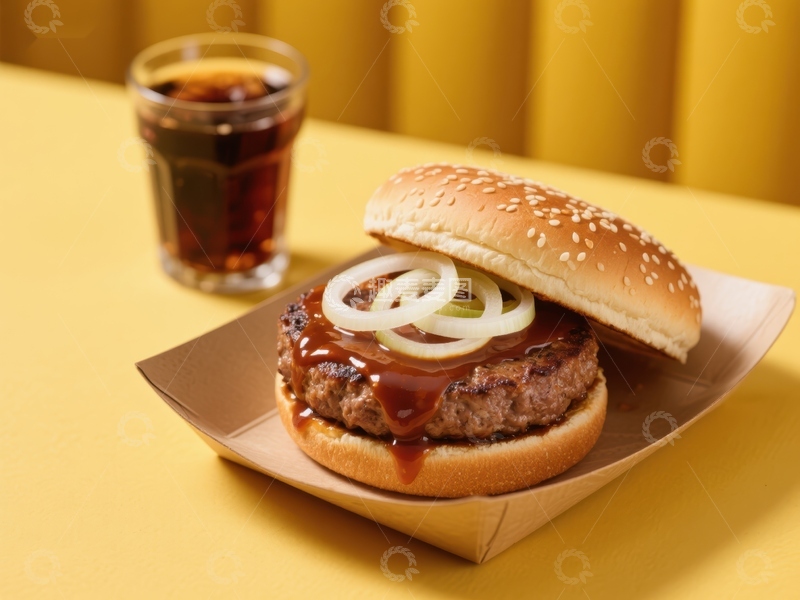 高清大图下载【趣麦麦图】美味汉堡配洋葱与饮料