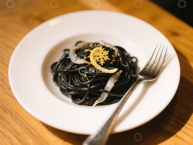 高清大图下载【趣麦麦图】黑墨鱼汁意面配柠檬装饰