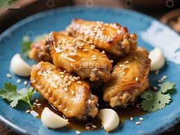 美味烤鸡翅配芝麻和大蒜