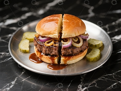 切开的汉堡配洋葱圈和酱料