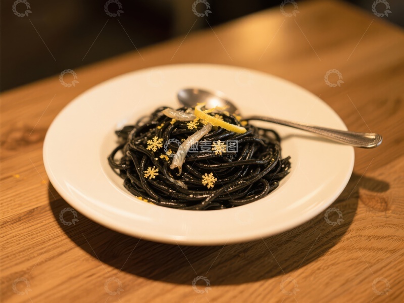 高清大图下载【趣麦麦图】黑墨鱼汁意面配柠檬与装饰