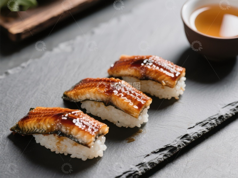 高清大图下载【趣麦麦图】三块鳗鱼寿司配茶