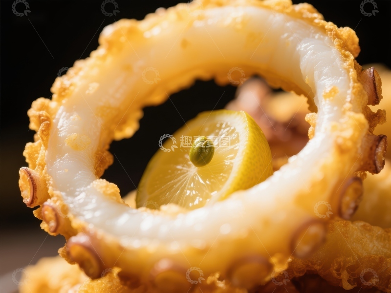 高清大图下载【趣麦麦图】金黄酥脆的鱿鱼圈配柠檬片