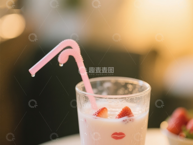 高清大图下载【趣麦麦图】草莓奶昔配粉色吸管