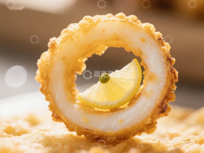 高清大图下载【趣麦麦图】金黄酥脆的炸鱿鱼圈配柠檬片