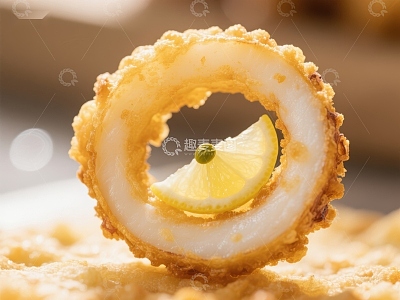金黄酥脆的炸鱿鱼圈配柠檬片