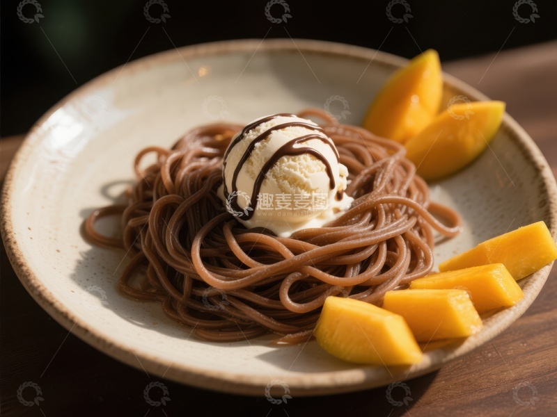 高清大图下载【趣麦麦图】巧克力意面配冰淇淋与芒果