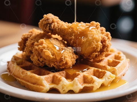 脆炸鸡块配华夫饼淋蜂蜜