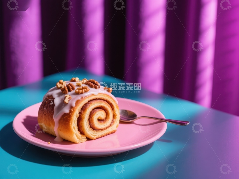 高清大图下载【趣麦麦图】盘中的肉桂卷配坚果和糖霜