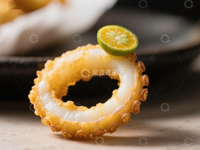 高清大图下载【趣麦麦图】金黄酥脆的鱿鱼圈配柠檬片