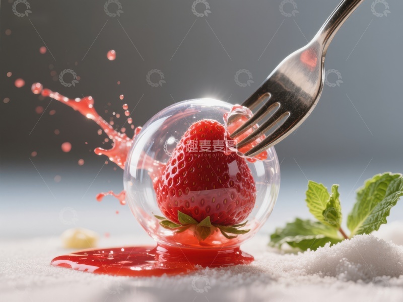 高清大图下载【趣麦麦图】叉子刺破草莓瞬间，果汁四溅