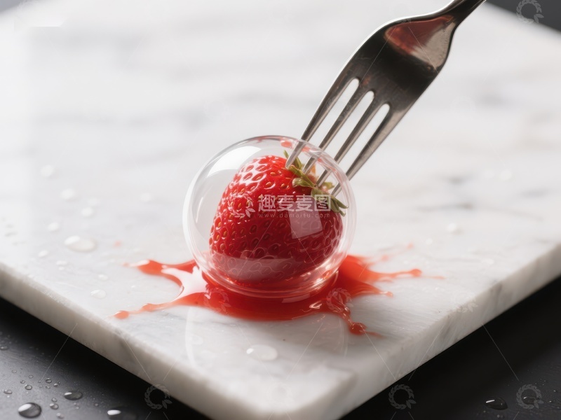 高清大图下载【趣麦麦图】叉子挑起草莓果冻，汁液四溢