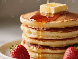 热腾腾的煎饼配草莓和蜂蜜