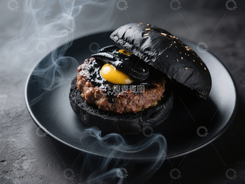 高清大图下载【趣麦麦图】-烟熏黑汉堡配流心蛋黄