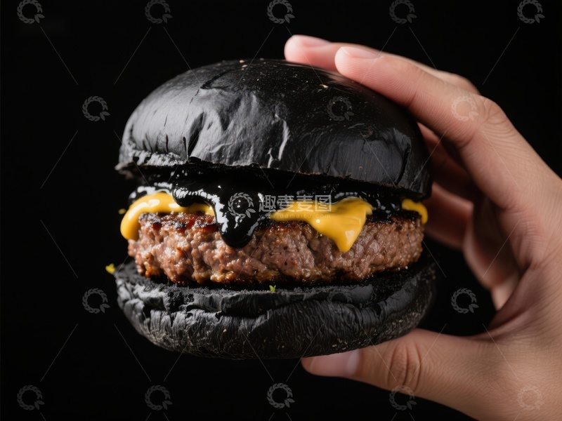 高清大图下载【趣麦麦图】黑色汉堡特写，手握展示