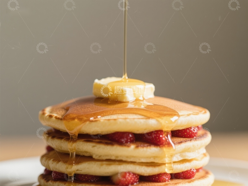 高清大图下载【趣麦麦图】蜂蜜淋在草莓堆叠煎饼上