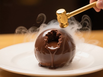 巧克力球被锤子敲开，冒出烟雾