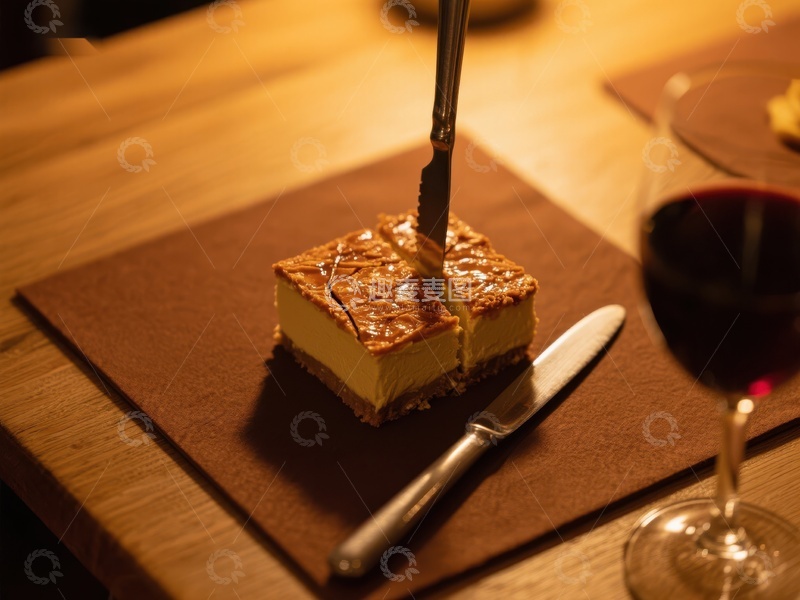 高清大图下载【趣麦麦图】刀叉切割焦糖甜点，配红酒